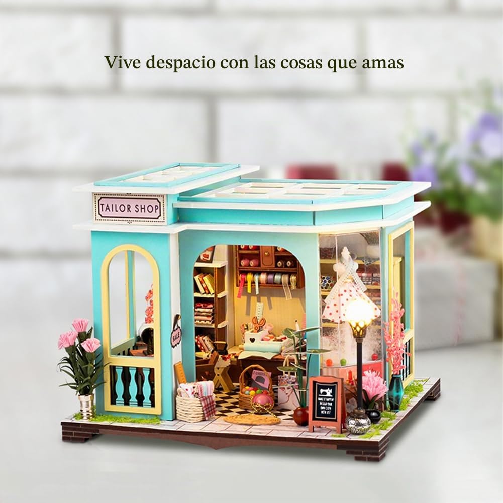 Accesorios de madera para casa de muñecas, kit de casa en miniatura para adultos, kit creativo de sastre con muebles y luces LED para regalo de cumpleaños de mujer