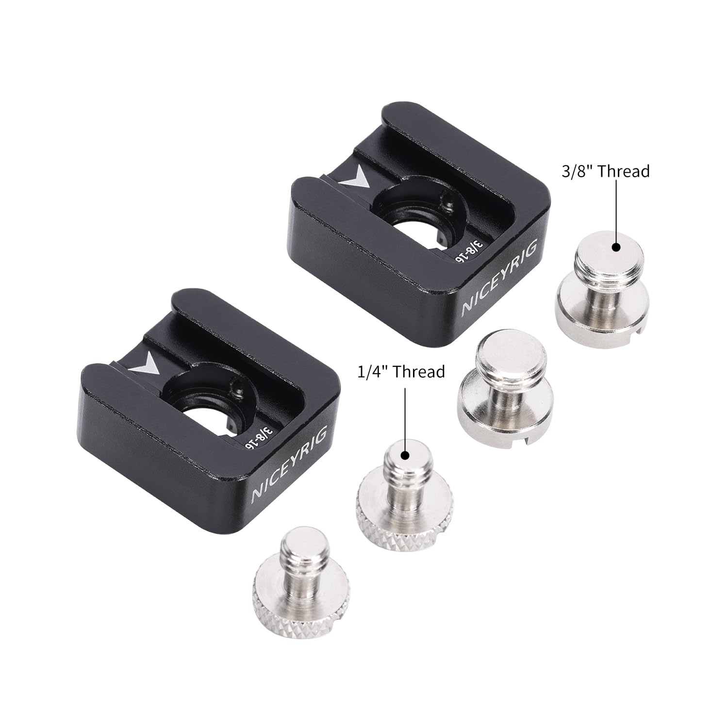 NICEYRIG 2 adaptadores de montaje de zapata fría, soporte de zapata fría con tornillos de localización Ar ri (3/8 y 1/4) y pines de localización desmontables, compatible con cámara DSLR, micrófono