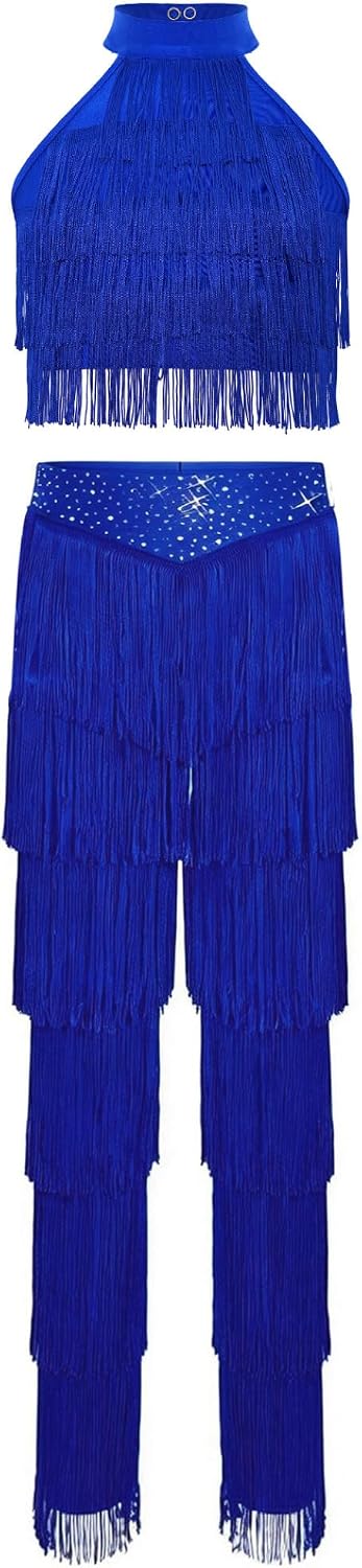 Kids Girls 2 Piece Latin Ballroom Dance Outfit Halter Tassel Top and Fringe Pants Modern Salsa Dancewear Royal Blue 10 Years
