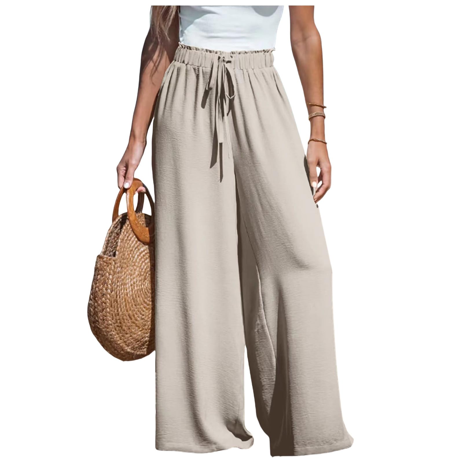 Womens Casual Wide Leg Pants High Waisted Adjustable Tie Knot Flowy Trousers Lounge Beach Palazzo Pants for Women