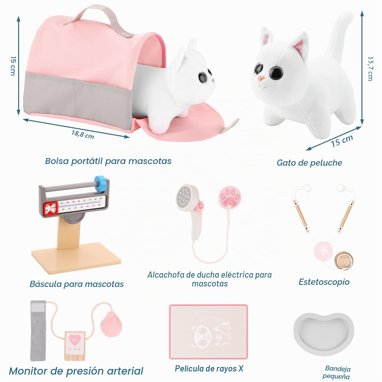 UMU® - Juego de 37 Juguetes Veterinarios de Madera para niños con Gato de Peluche, Estetoscopio, tenómetro, etc. Juguete Veterinario para niños y niñas de 3, 4, 5 años