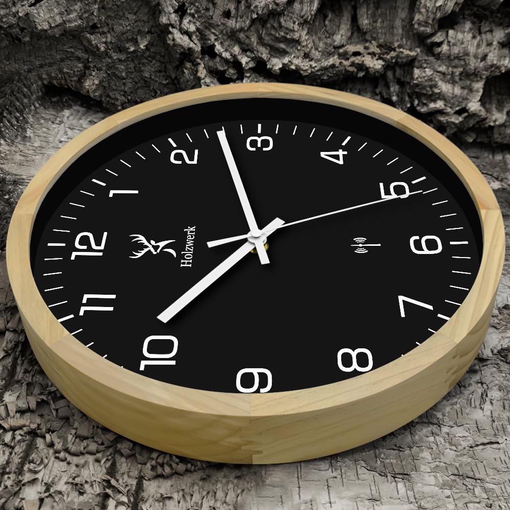 Holzwerk HILDBURG Funk Natur Holz Funkwanduhr Wanduhr Holz-Uhr Vintage Funkuhr lautloses Uhrwerk ohne Tickgeräusche Buche Braun Schwarz Weiß lautlos aus handgefertigtem Massivholz 30 cm