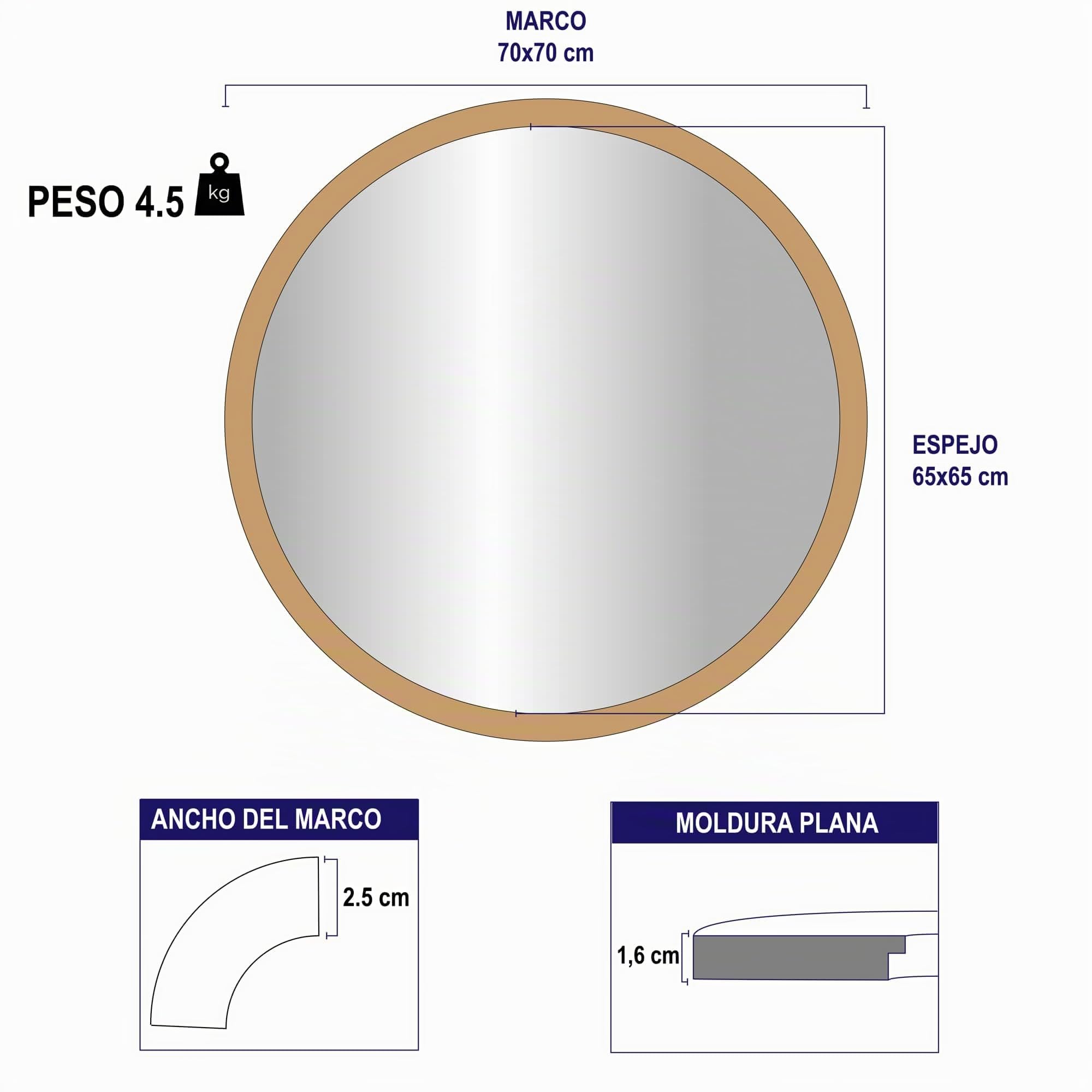 Espejo Redondo de Pared Color Nogal, Ancho 2,5 cm, 70 cm Exterior | Para Recibor, Salón y Baño