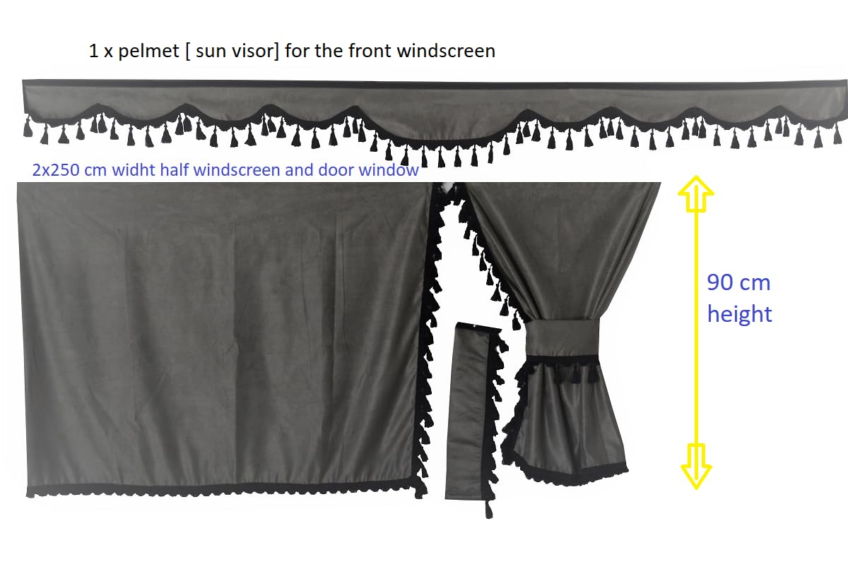 Vrachtwagen Zijgordijnenset Grijs met blauwe Deens Pluche Rand – Luxe