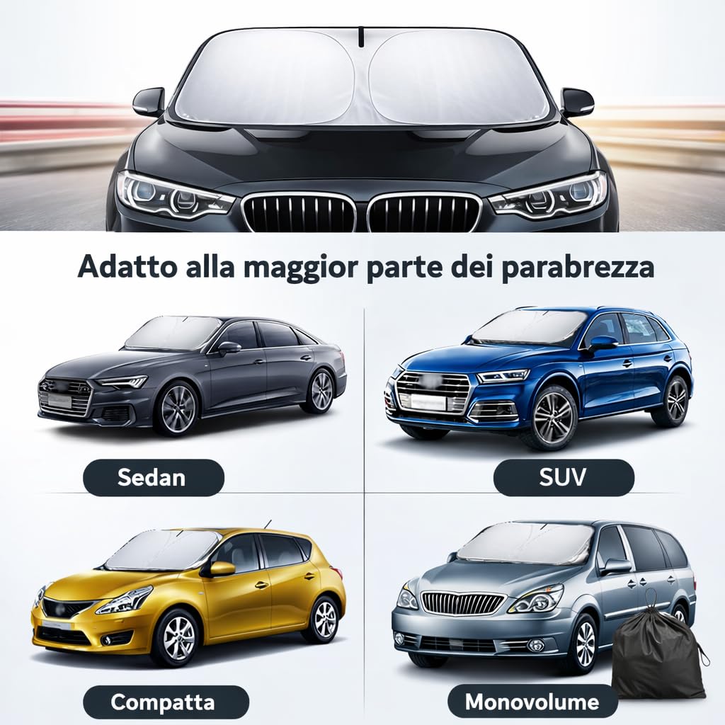 Parasole Auto Parabrezza – Parasole Pieghevole Universale, Protezione UV, Anti Calore, Tendina Parasole Interna per Tutti i Veicoli (145×80 cm)