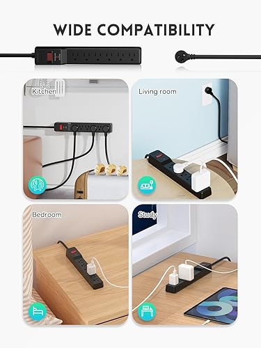 Miniatura 7 de PLUGUTL - Paquete de 2 protectores de sobretensiones (980 julios), regleta de alimentación de enchufe plano, cable de extensión de 4 pies con