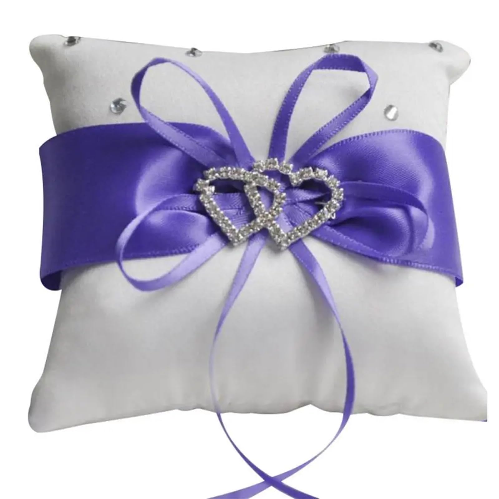 CGRSDSD Ring Bearer Pillow 10x10 Cm Romantic Bridal Wedding Ring Pillow Double Heart Ribbon Cushion Decor Rhinestone Decor For Wedding(Purple)