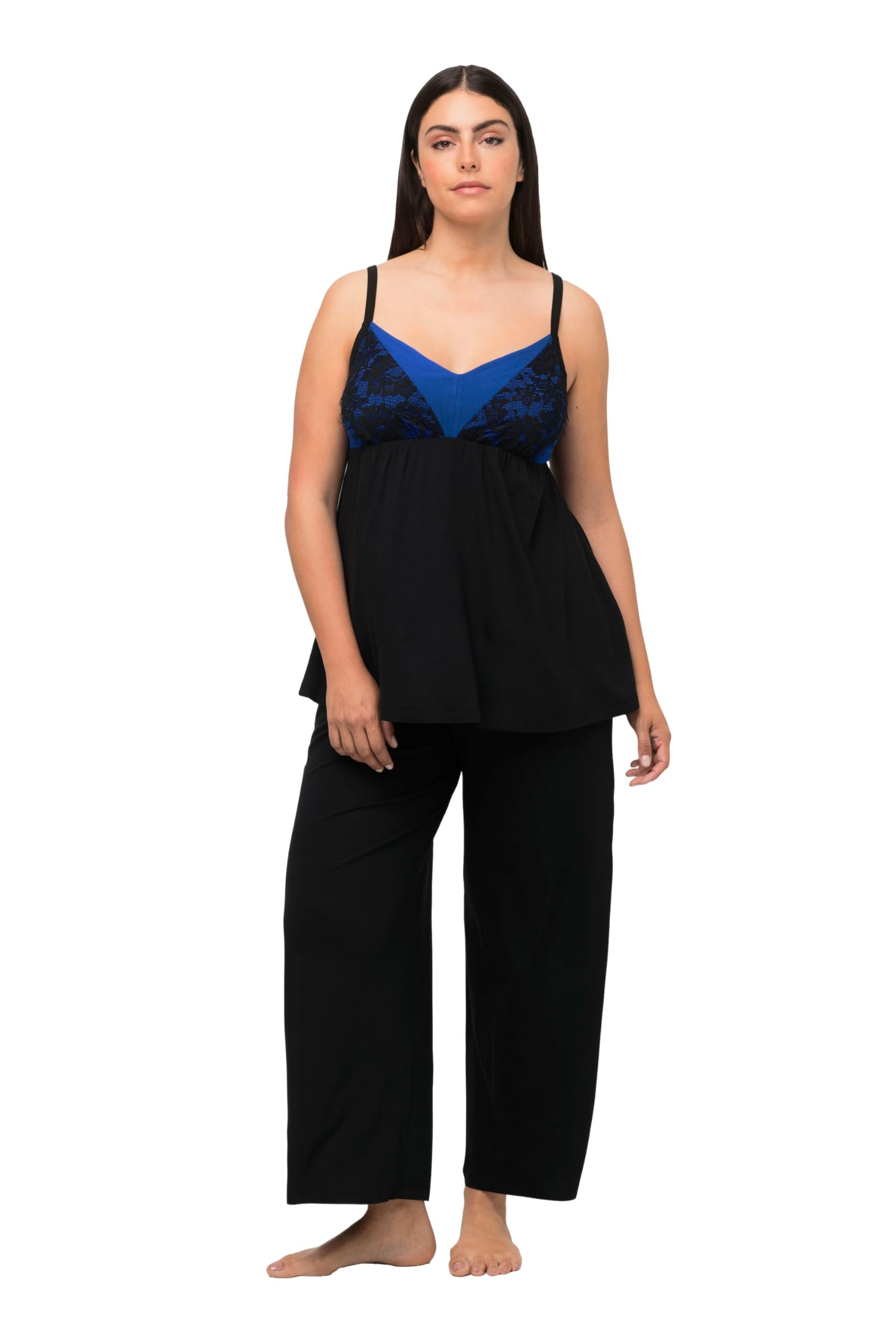 Ulla Popken Damen große Größen Übergrößen Plus Size Pyjama, Zweiteiler, Spitze, Rundhals, Langarm 812441