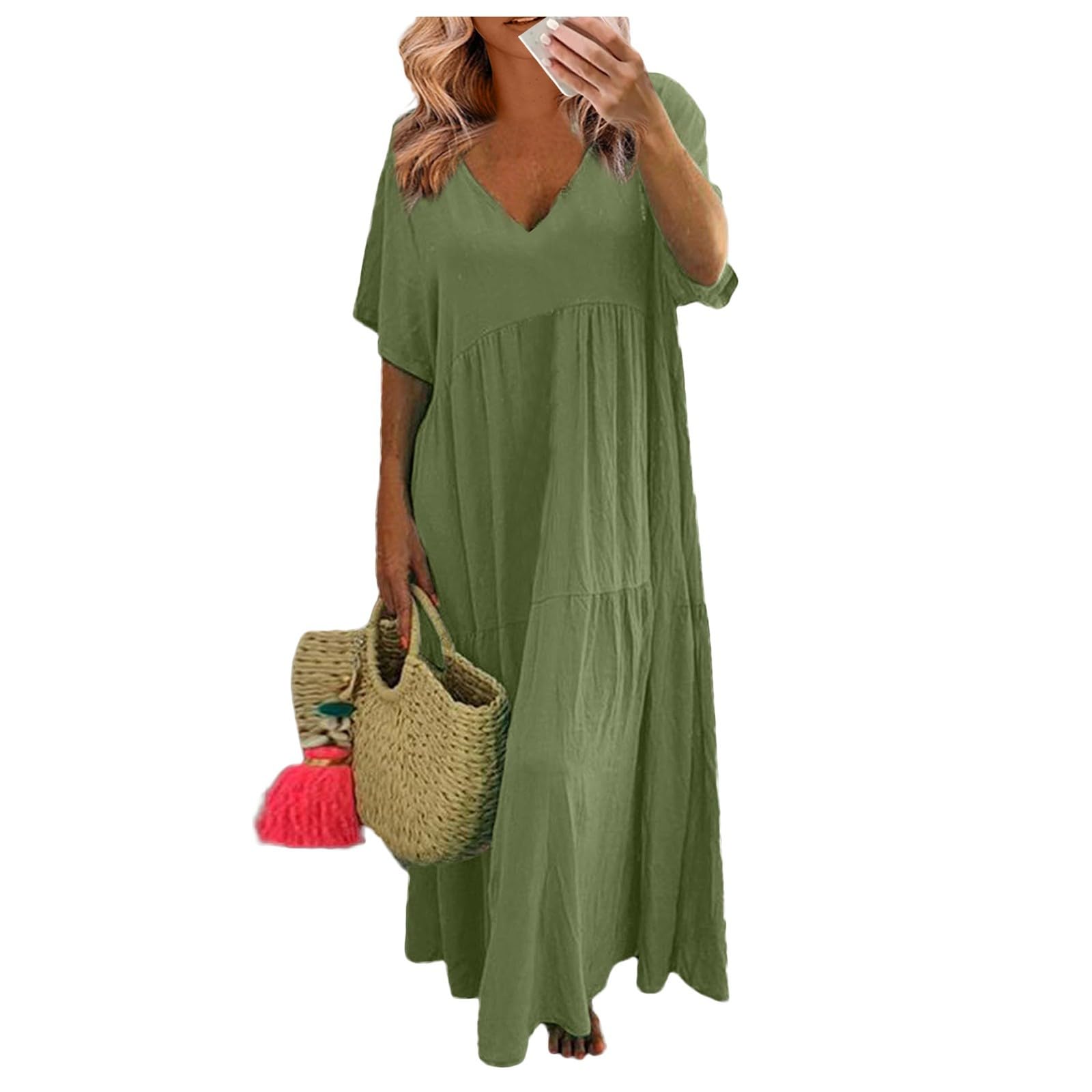FQZWONG Womens Summer Dresses 2025 Plus Size Short Sleeve V Neck Boho Maxi Dress Loose Casual Beach Long Sundresses