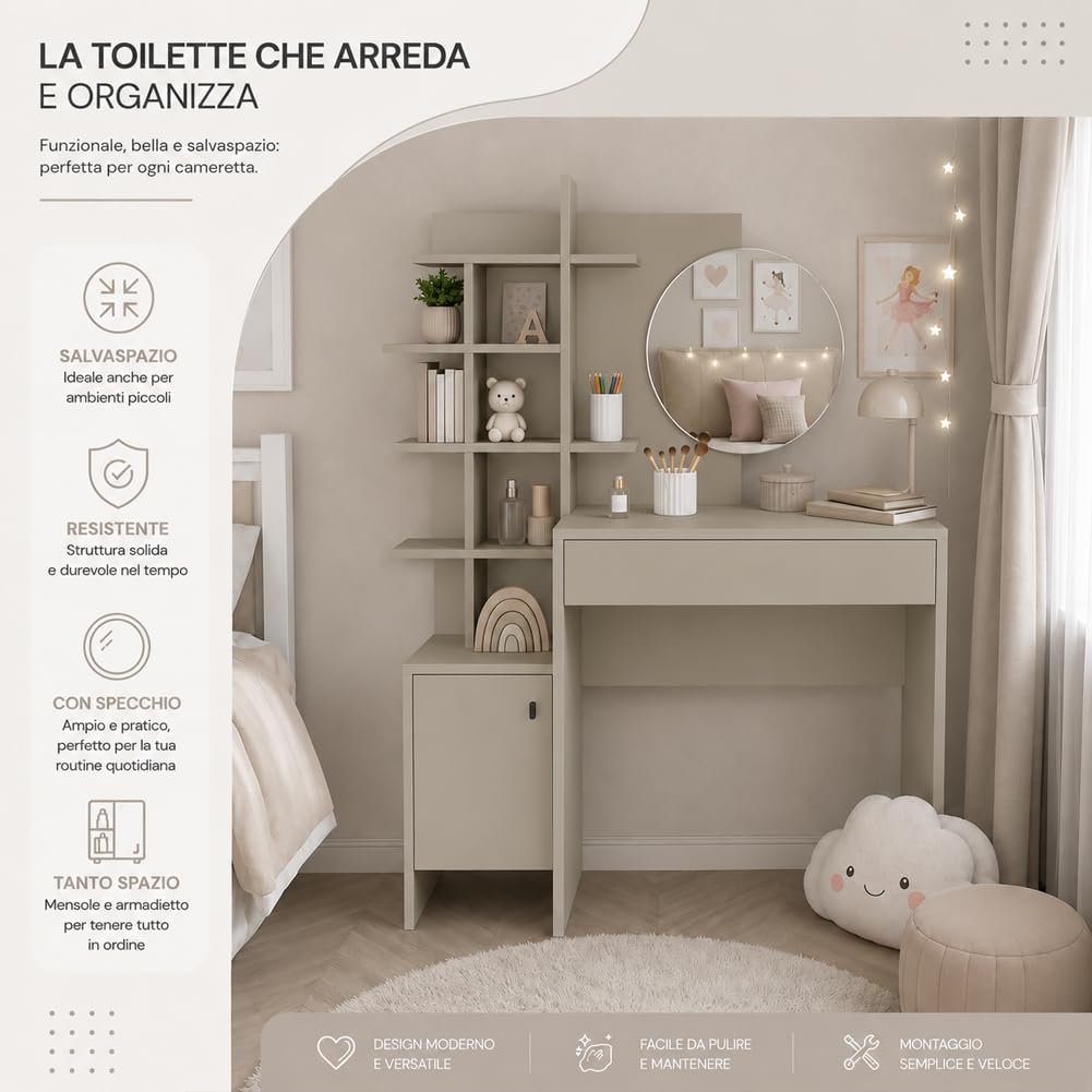 Shally Dogan Toletta Trucco con Specchio Rotondo e Mensole, Postazione Make Up Salvaspazio con Struttura in Legno Resistente, Ideale per Camera da Letto 105 x 35 x 151 cm (Sabbia)