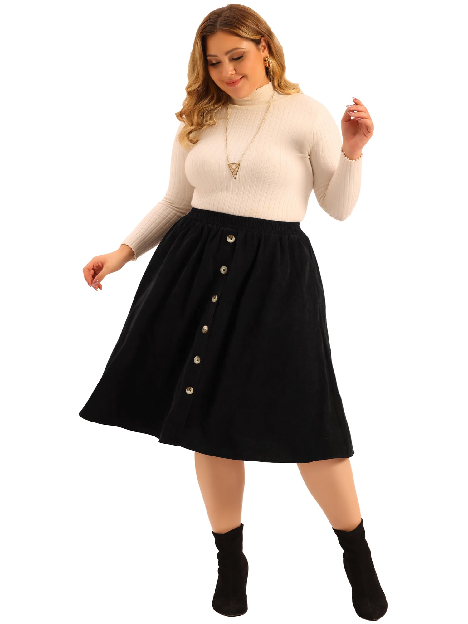 Agnes Orinda Midi-Röcke aus Cord für Damen, Übergröße, elastisch, hohe Taille, Knopfleiste vorne, A-Linien-Rock mit Taschen