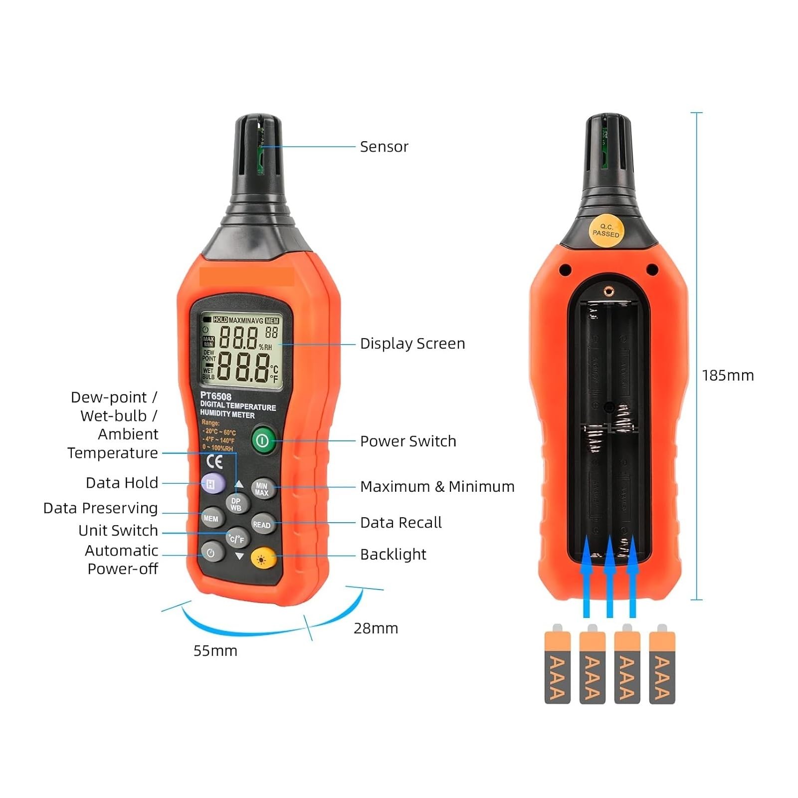 Medidor de temperatura y humedad PM6508, termómetro e higrómetro digital con temperatura ambiente, punto de rocío y bulbo húmedo for interiores y exteriores.