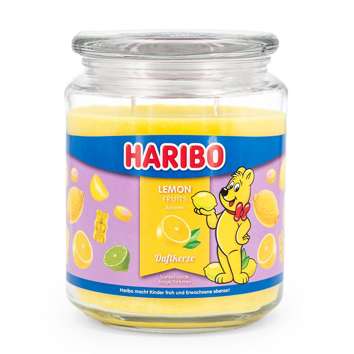Haribo™ Lemon Fruits Scented Candle, 2 Wicks, HxD: 13 x 10 cm, 100 Hours Burn time, Glass Candle, Lemon & Grapefruit.