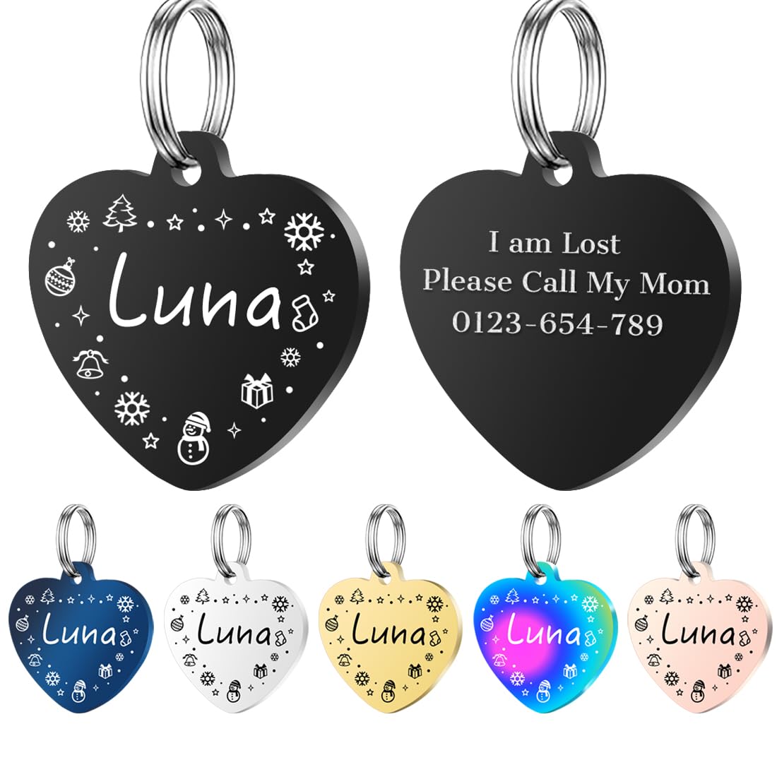 Personalized Dog Tags, Stainless Steel Pet Tags Personalized Cat, Collar Charm Engraved on Both Sides, up to 4 Lines of Custom Text, Multiple Patterns Colors Size Options (Christmas, Large)