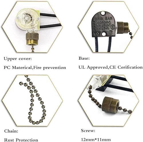 Miniatura 6 de Zing Ear ZE-109 Interruptor de luz de dos cables con cables de tracción para ventiladores de techo lámparas y luces de pared, interruptor de cadena