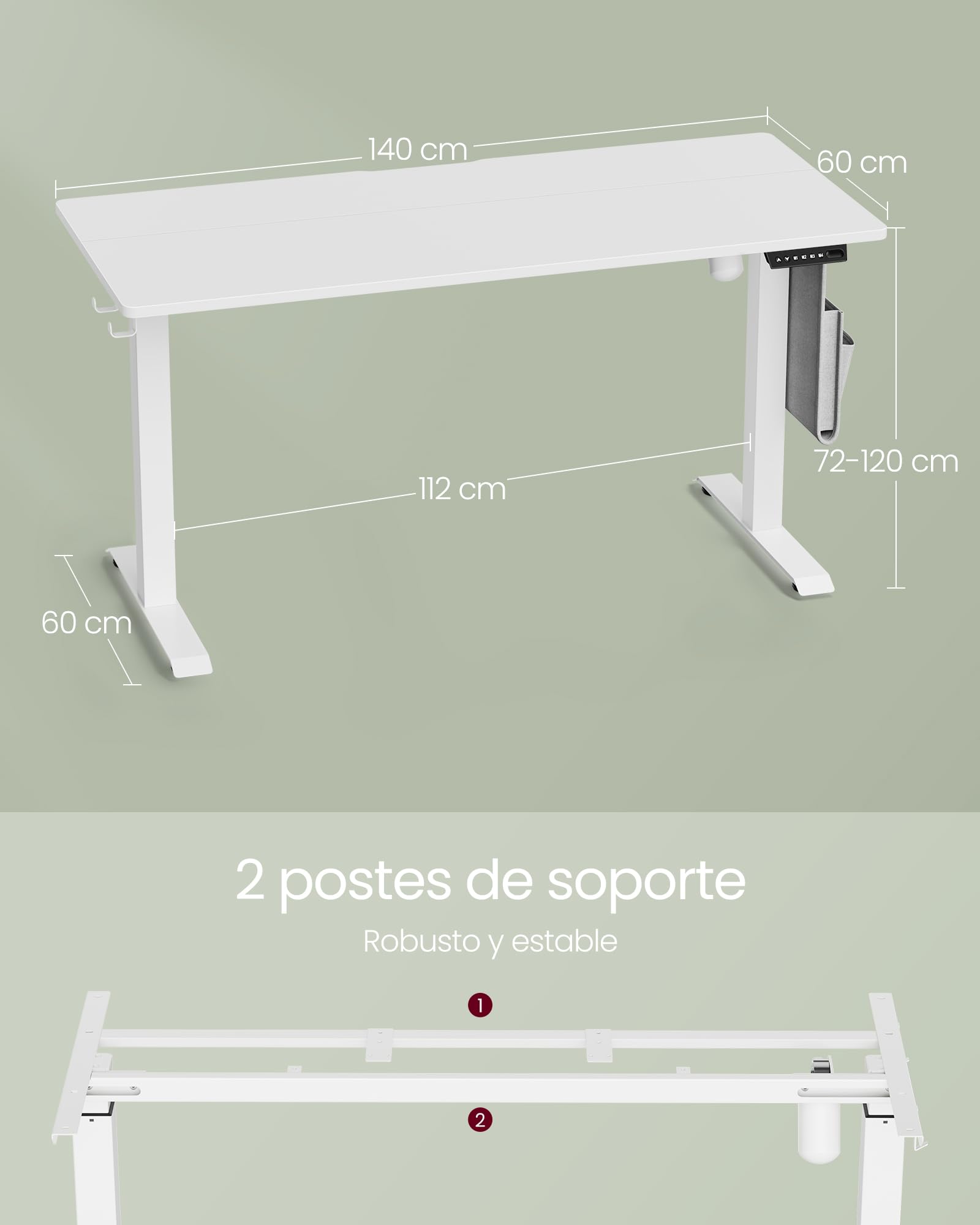 VASAGLE Scrivania Elettrica Regolabile in Altezza, 60 x 140 x (72-120) cm, Tavolo Regolabile in Continuo, Funzione di Memoria con 4 Altezze, Bianco Nuvola LSD174W01
