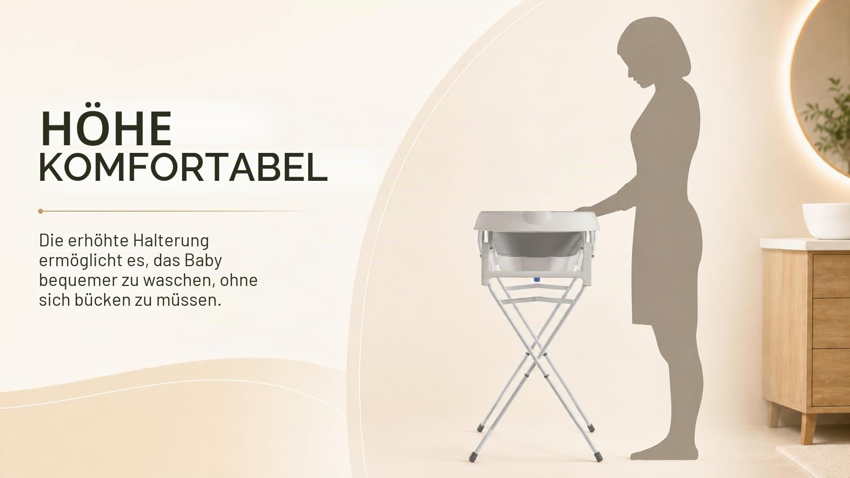 Faltbare Babybadewanne mit Ständer aus Stahl, integriertes Thermometer, ergonomisches Kissen und Ablaufschlauch – Baby Delfin – kompakt und tragbar, 0 – 3 Jahre, Grau