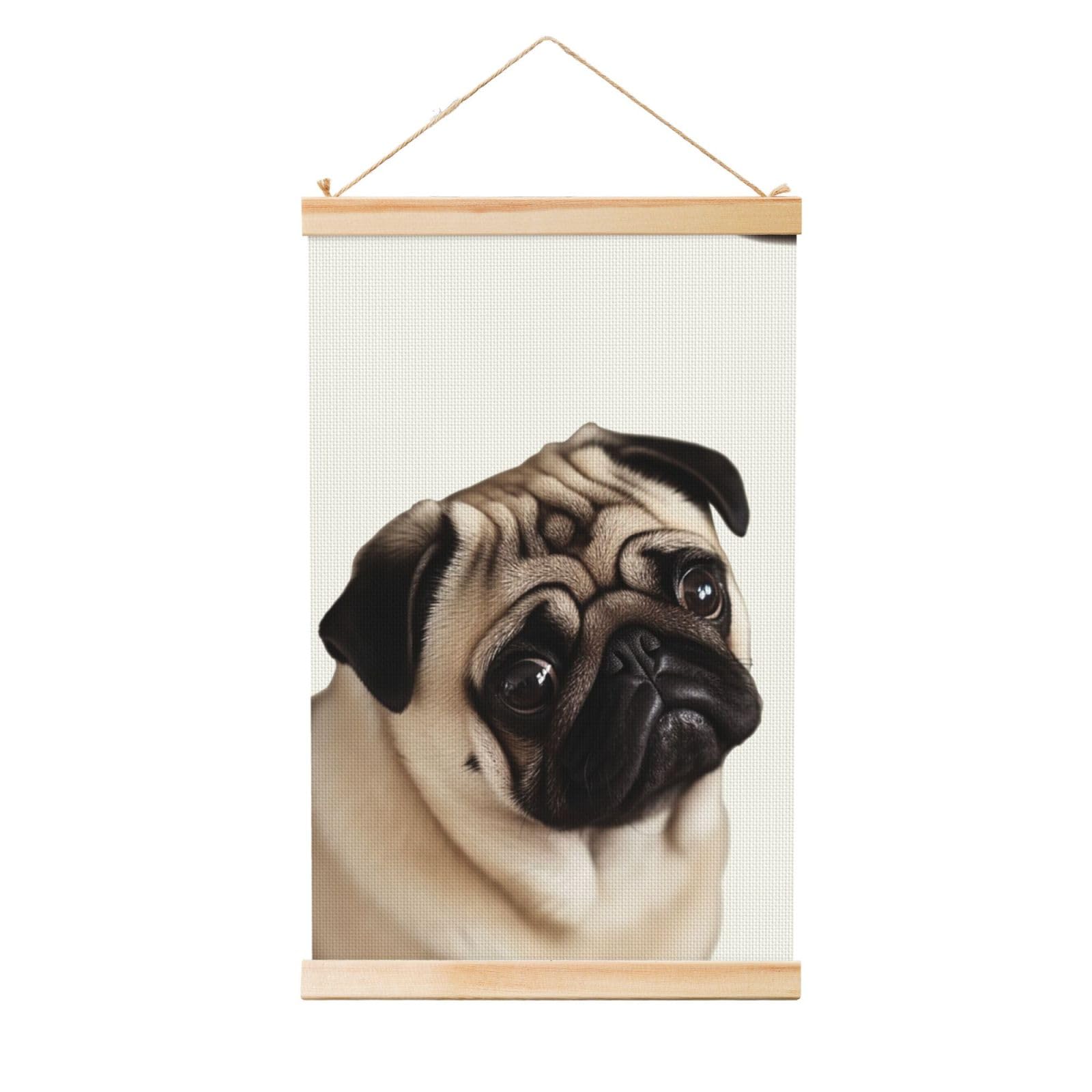 Pug Dog Poster Wooden Shaft Hanging Poster Wall Hanging Banner Canvas Artwork with Wood Frames 12"x18" Modern Artwork Decor Ready to Hang Wall Art for Home Decor Scroll Painting