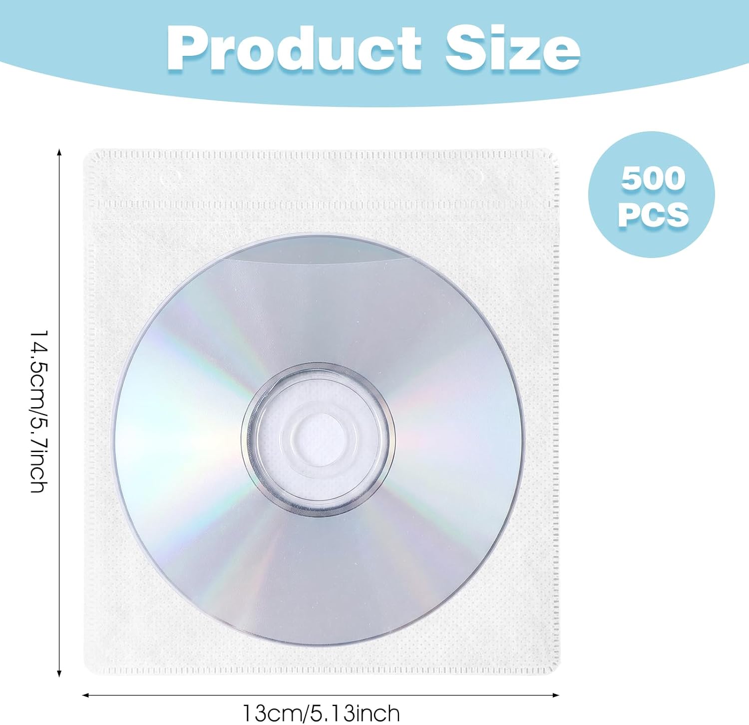 500 Pcs CD Sleeves, Double Sided Plastic DVD Sleeves Envelopes with Clear Window and Flap, White Disc Storage Binders for Home Office Music Movies