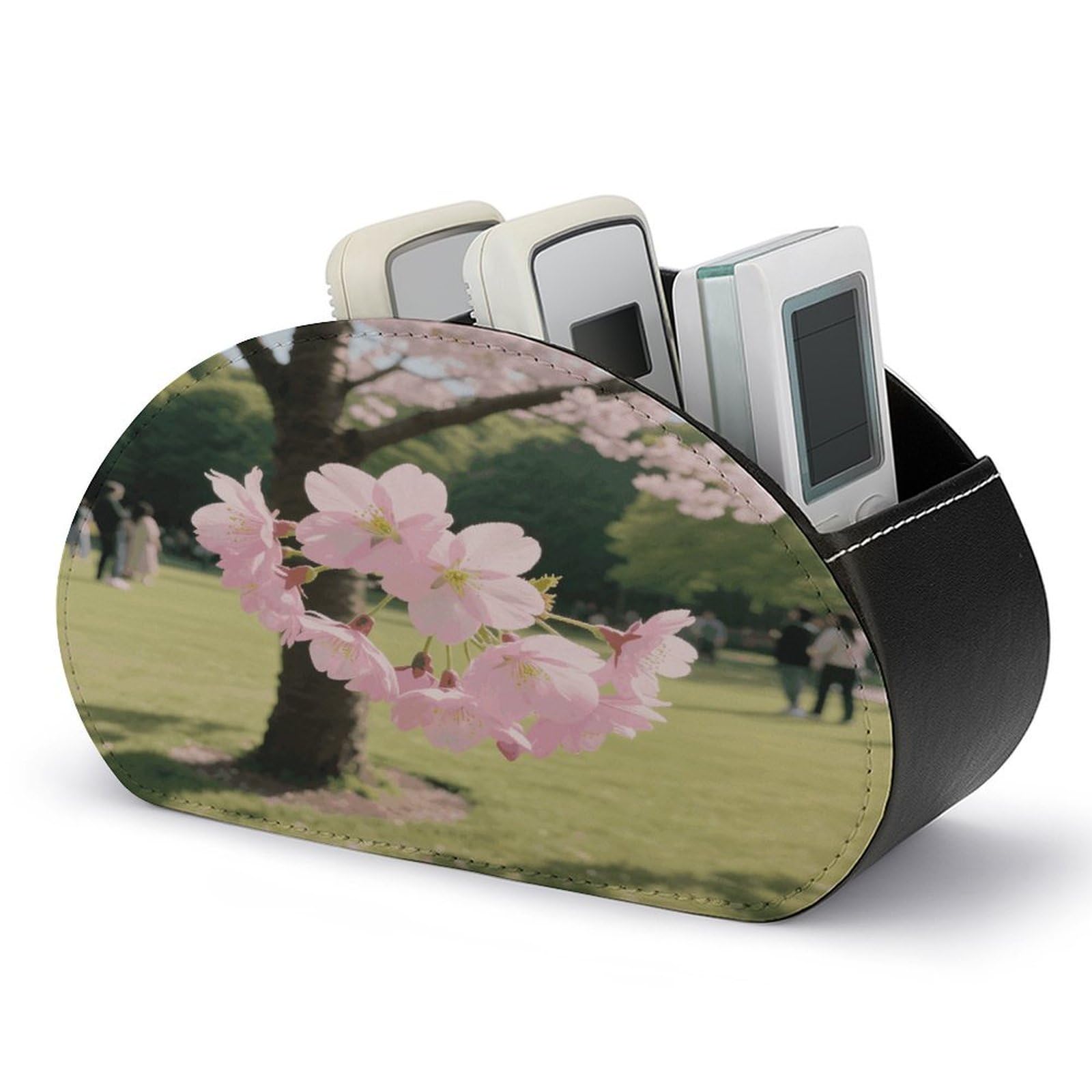 VstaDank Cherry Blossom Remote Control Holder PU Leather Multifunctional Office Makeup Organizer Brush Holder Desktop Storage with 5 Compartments