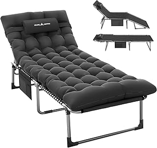 UDPATIO Padded Sun Lounger with Cushion,Foldable Camp Bed With Adjustable Backrest Headrest,Oversize Garden Lounge Chair With Side Pockets Black