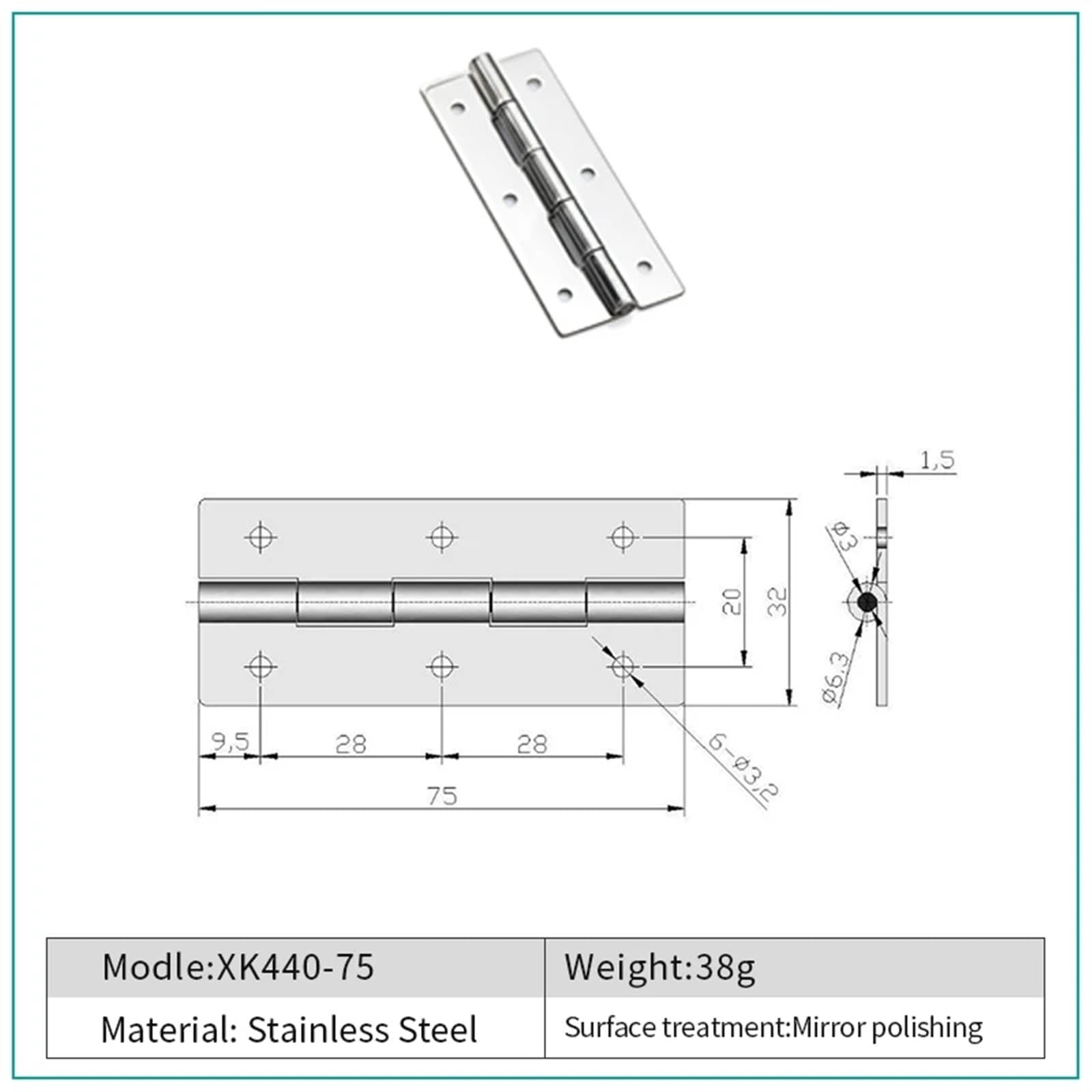Bisagra de puerta de gabinete de Hardware de acero inoxidable, bisagra a tope de gabinete, longitud de 60mm/75mm/100mm/150mm(XK440-100)