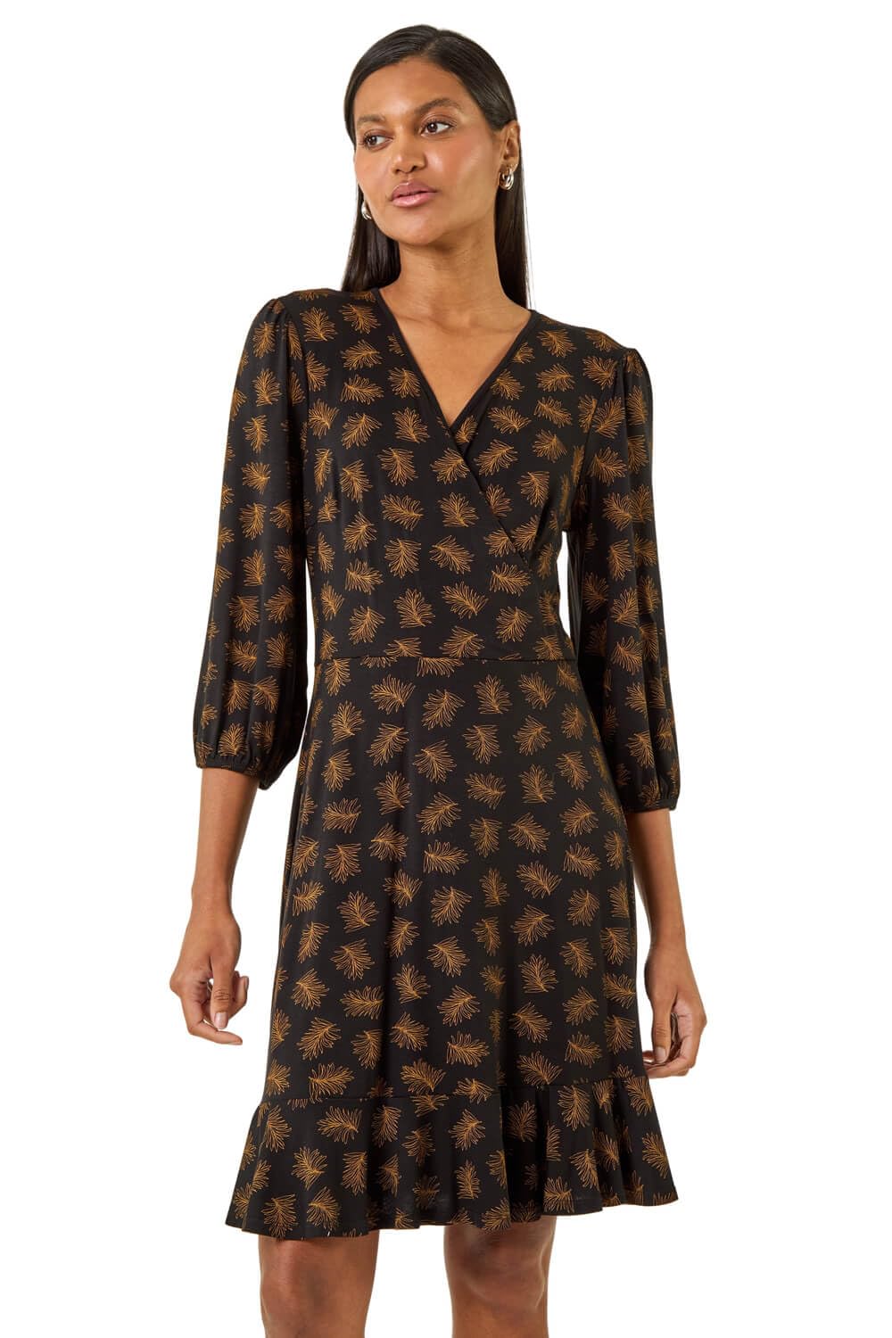 Roman Originals Women's Bronze Roman Wrap Tea Dress For Uk Fit Flare Skater Swing Stretch Frill Long & Short Sleeve Evening Cocktail Party Work Office Smart Casual Knee Length - Size 16