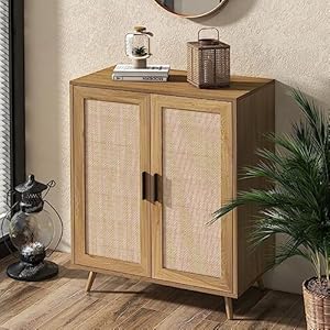 Xilingol Rattan Storage Cabinet Buffet Cabinet with Rattan Decor Doors Accent Cabinet with Solid Pine Wood Feet Sideboard Cabinet for Hallway Entry Living Room Natural