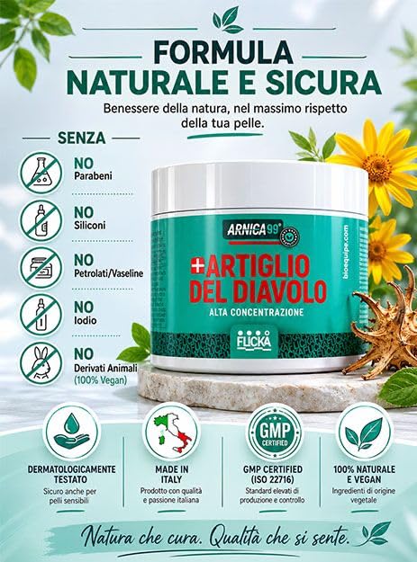 POTENTE CREMA ARNICA e ARTIGLIO DEL DIAVOLO Gel Forte crema riscaldante muscoli sportiva ARNICA per Cavalli uso umano, rapida 100% Naturale (500 ml, barattolo) Italiana