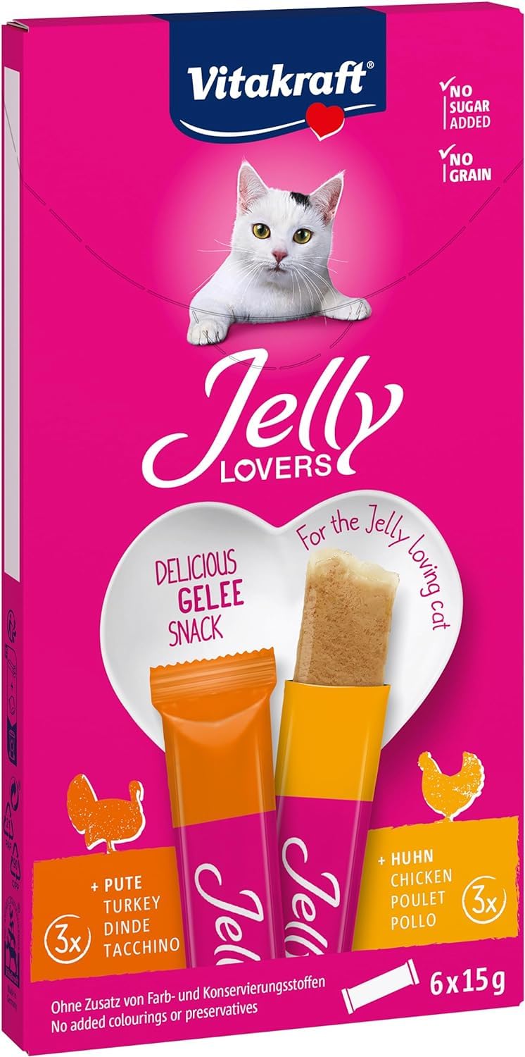 Vitakraft Jelly Lovers, Katzen Leckerli, Gelé Katzensnack mit Huhn und Pute, einzelne Sticks, ohne Zusatz von Zucker (1 Paket mit 6X 15g)