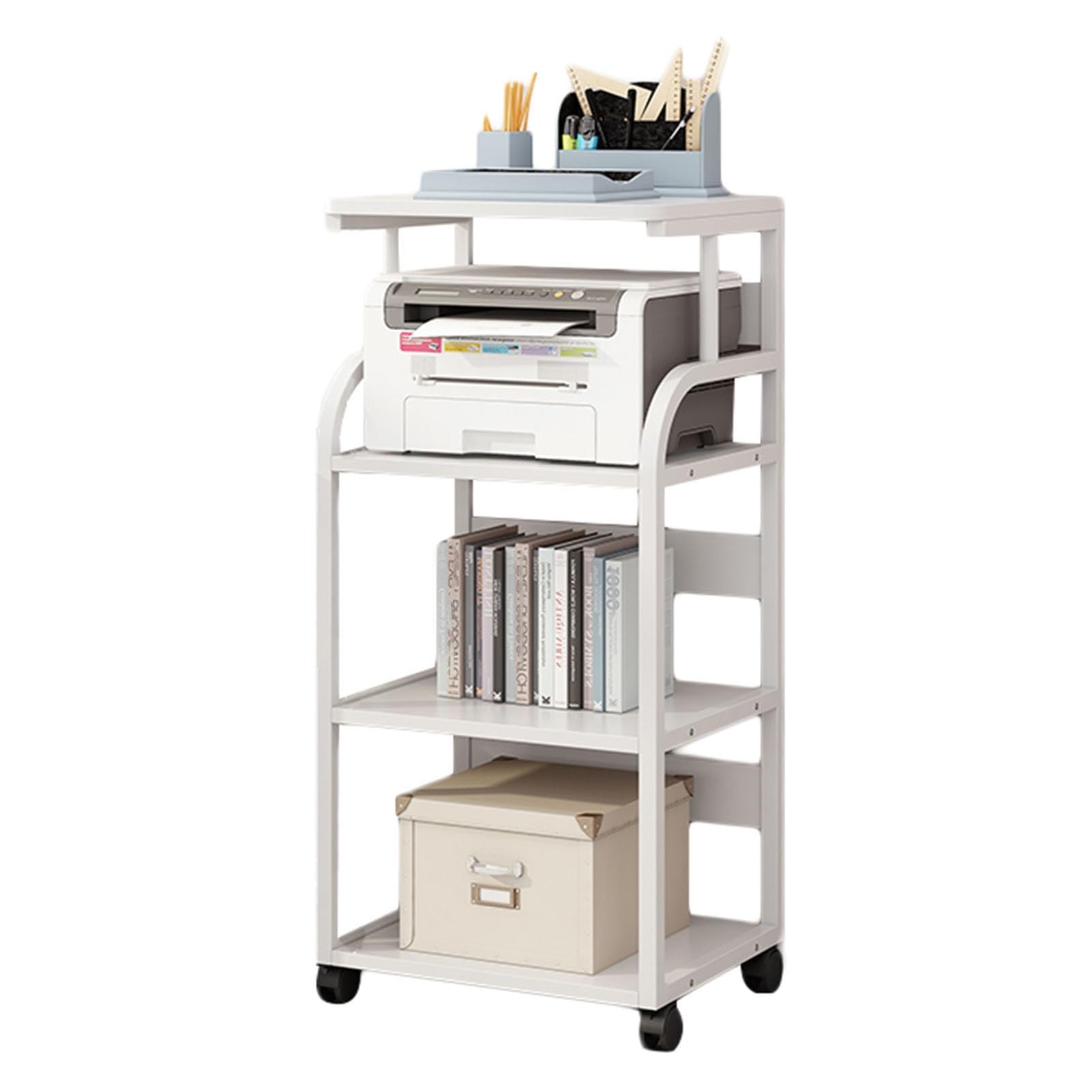 Druckerständer, 4-stufiges bodenstehendes Lagerregal, Home-Office-Schreibtisch-Organizer, Lagerregale mit Holztrennwänden for den Schreibtisch im Home-Office(White)