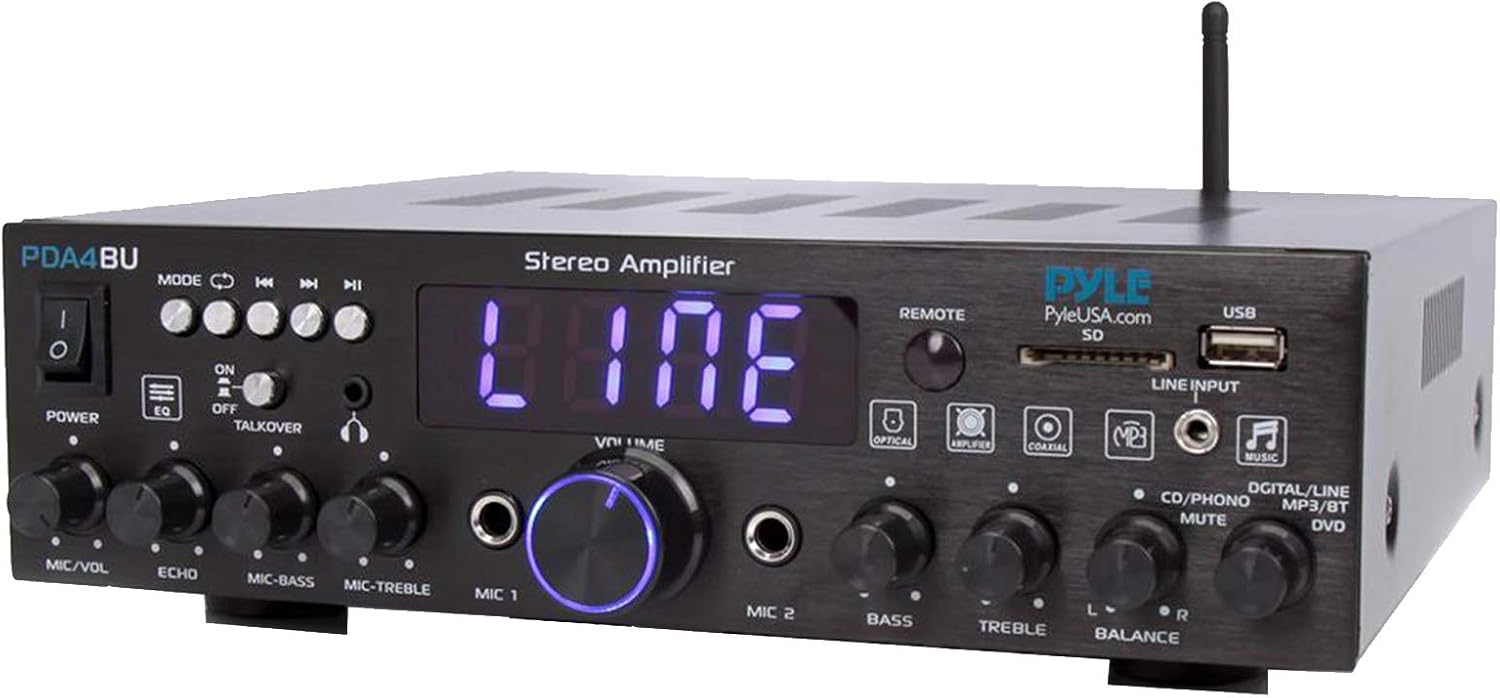 Pyle Wireless Bluetooth Stereo Amplifier-Multi-Channel 200W Amplifier Home Audio Receiver System Bundle Combo with 2X 3.5'' 3-Way Weather Proof Mini Black Box Speakers, 16 AWG 50 Feet Speaker Wire