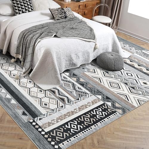 GarveeHome Vintage Geometric Patchwork Grey Rug for Living Room 6x9 Machine Washable Area Rug, Non-Slip Low-Pile Indoor Tribal Accent Carpet, Indoor Foldable Floor Cover for Bedroom Office