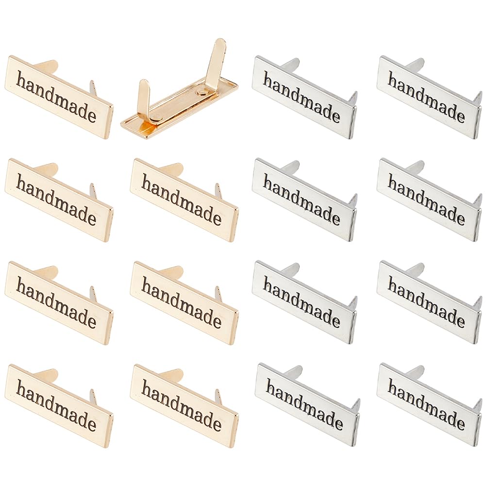 SUPERFINDINGS 16Pcs Alloy Handmade Labels Alloy Tags Hand Made Printed Signs Label Handmade Items with Shim Rectangle Alloy Tags for DIY Gift Purses Bags Shoe