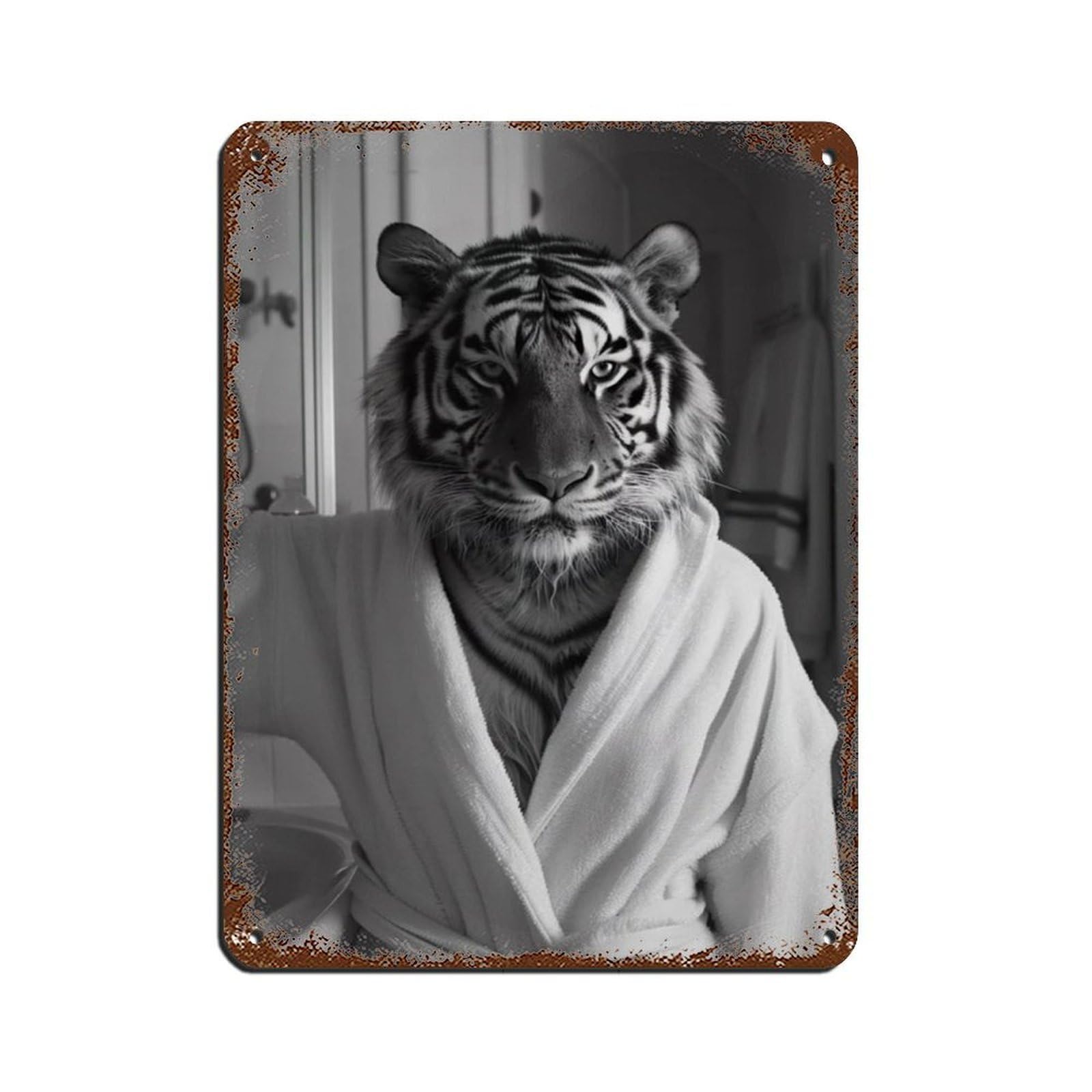 Tiger in A Bathrobe, Funny Bathroom Art Retro Poster Metal Tin Sign Chic Art Retro Iron Painting Bar People Cave Cafe Family Garage Poster Wall Decoration 12x16inch(30x40cm)