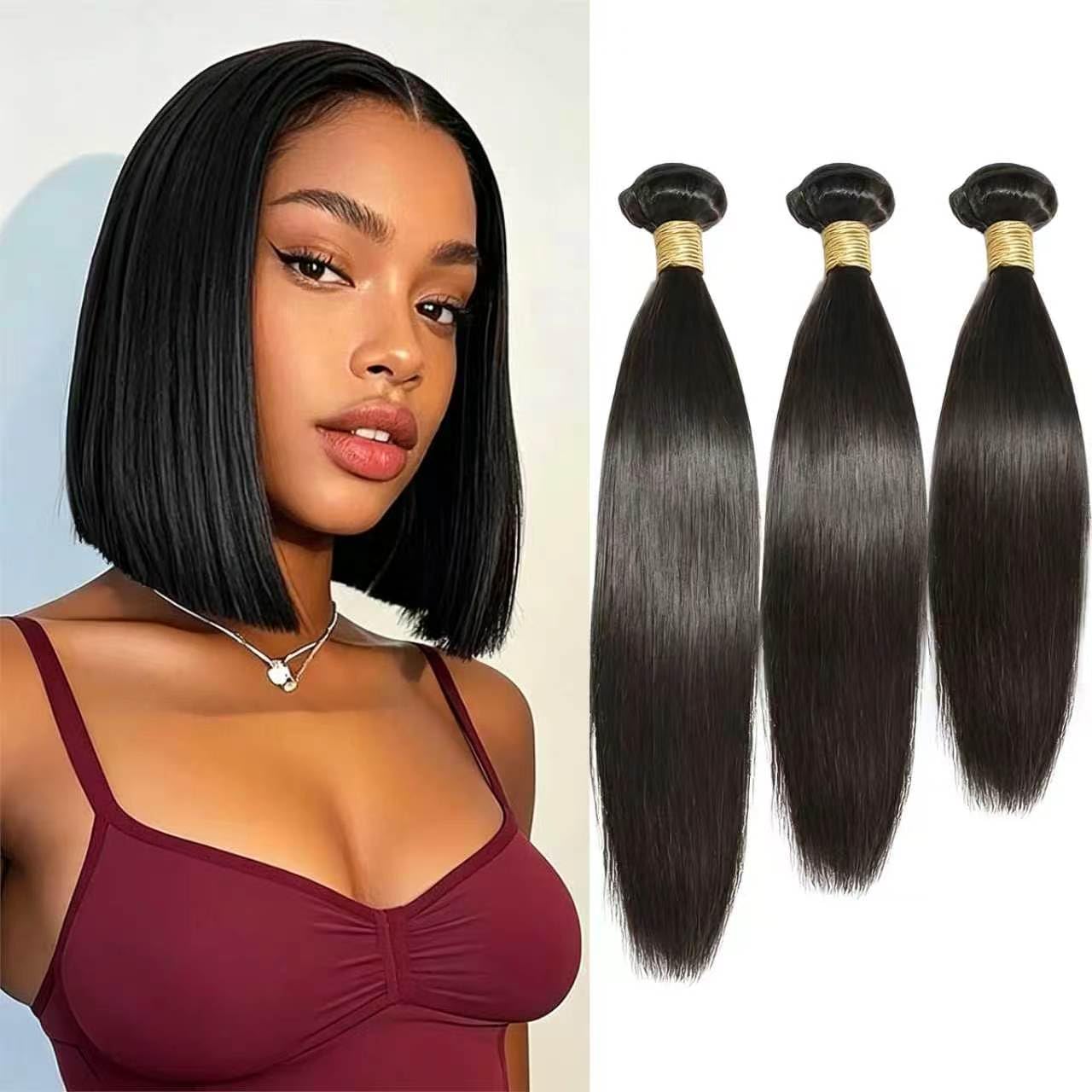Straight Human Hair Bundles Natural Brazilian 100% Human Hair Extension - Nieprzetworzone Virgin Proste Włosy Naturalny Czarny Silky Straight Smooth Hair 8 10 12 Cali/210g Razem