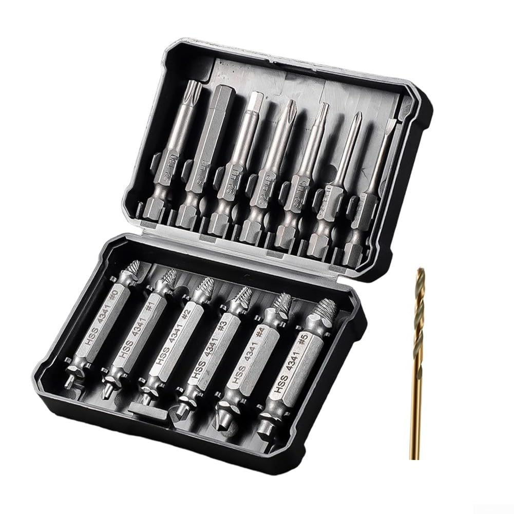 Juego de extractores de tornillos de 14 piezas, kit de extracción de pernos rotos HSS de 3 a 12 mm con brocas para tornillos dañados, herramienta de extracción profesional (14 + brocas)