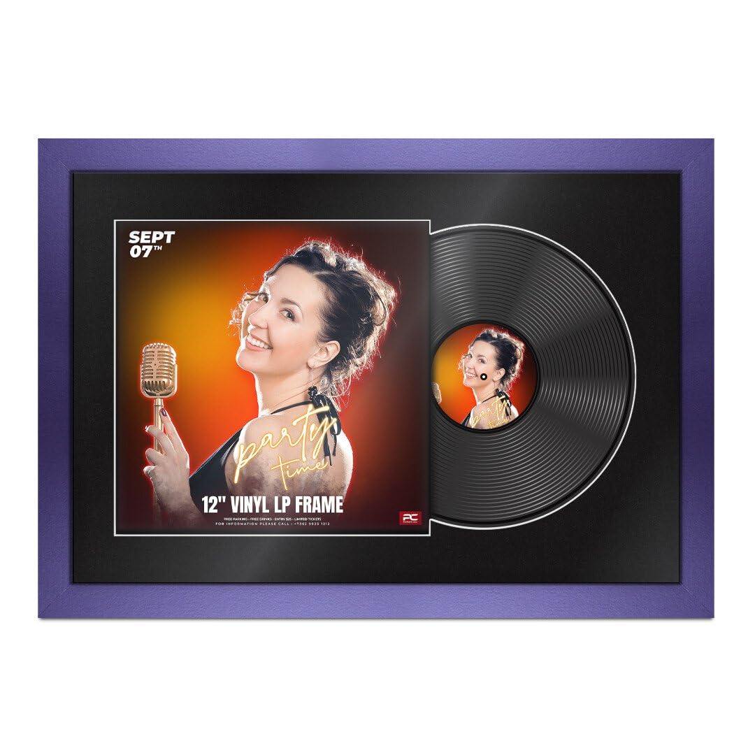 Procut Global 25X17" Purple Vinyl Record Frame for 12 Inch LP Cover & Disc - Display Photo Frame with Overlapped Design-Engineered Wood, Shatterproof Perspex - Music Lover Gift & Home Décor