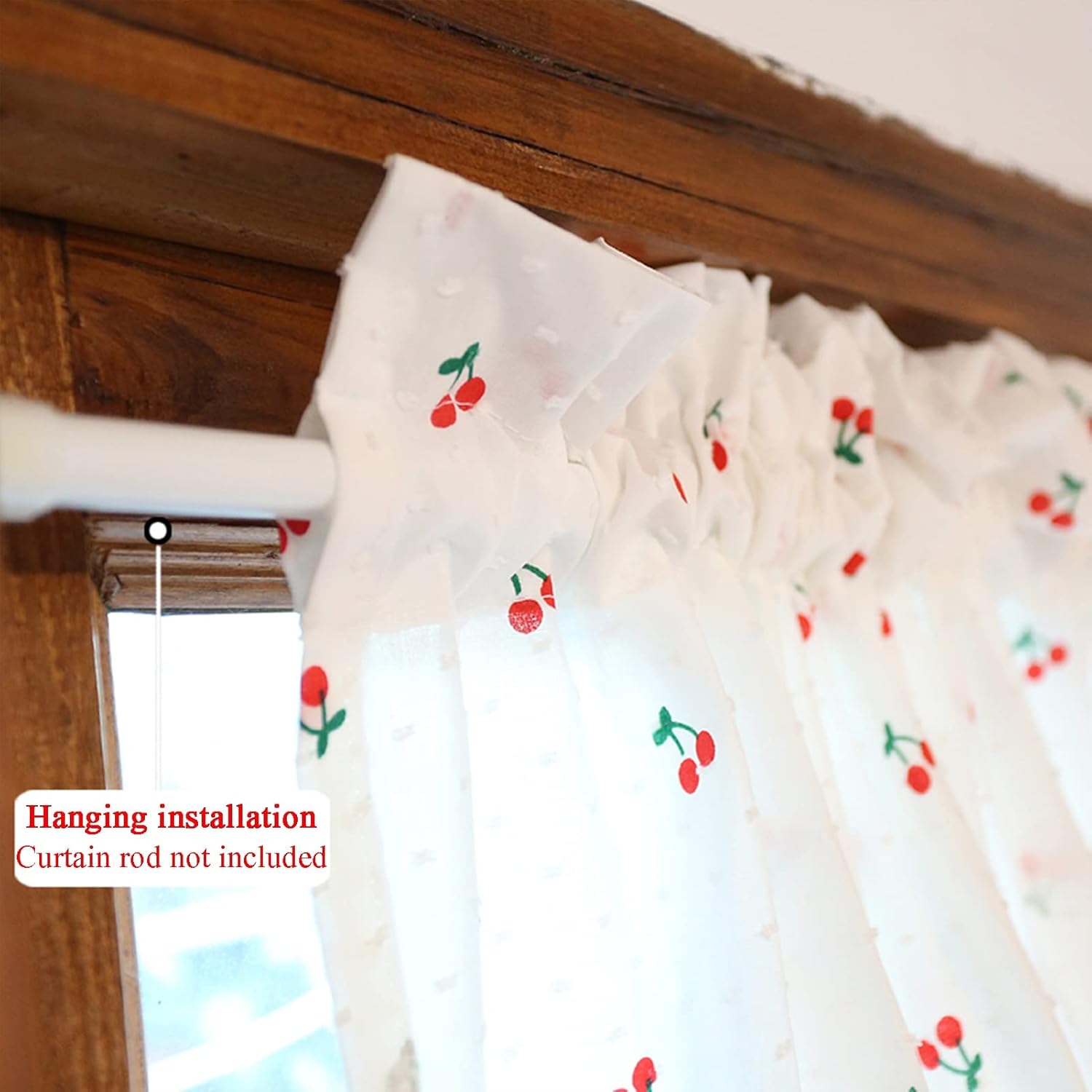Short Kitchen Curtains, Cafe Semi Sheer Tier Curtains, White Cotton Curtain Valance cherry print Rod Pocket Rural style, for Living Room, Bathroom, Window, Cupboard ( Size : W135xH100cm/53x39.3in )