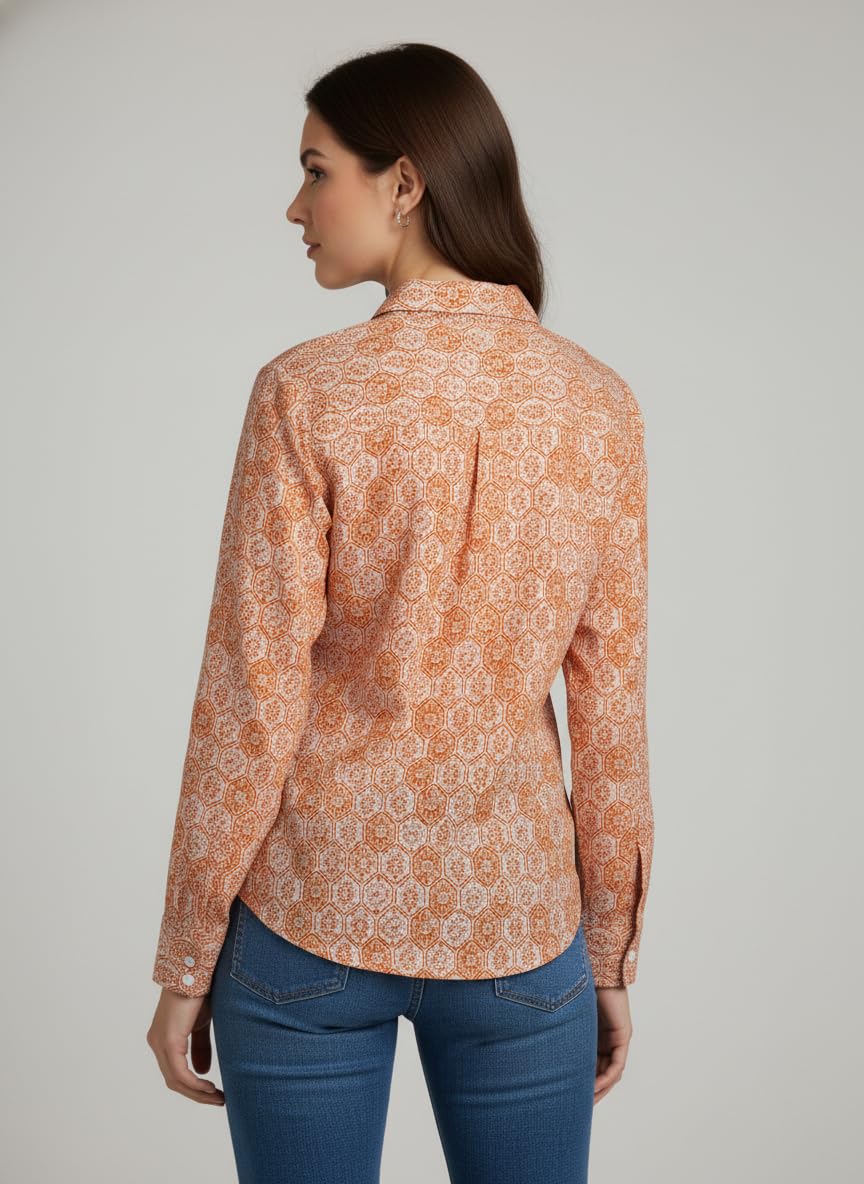 ANNI Designer Bedrucktes Damenhemd aus Baumwollmischgewebe, langärmelig, normale Passform, Hemdkragen, legere Bürokleidung, elegante Western-Kleidung für den Alltag, Hochzeit, Party
