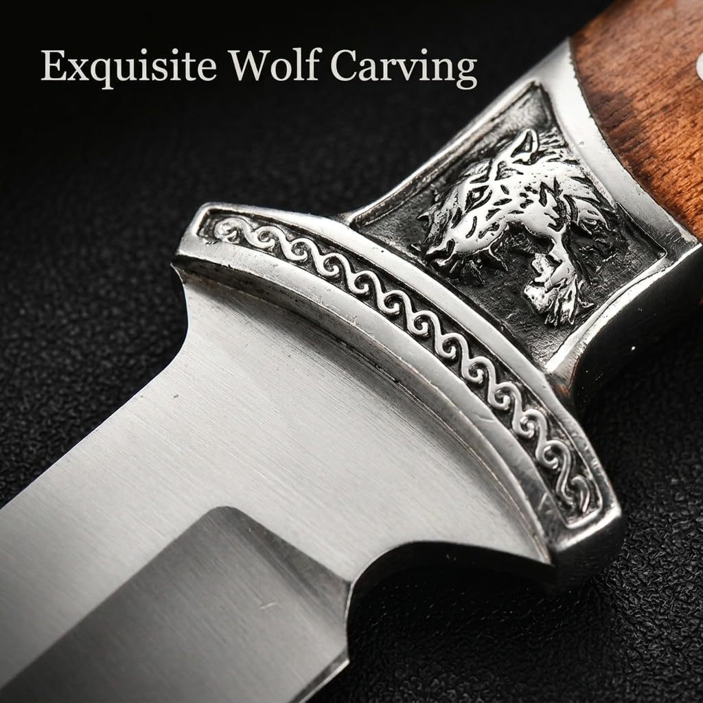 12" Fixed Blade Outdoor Knife with Nylon Sheath, 6.3" 9Cr18 Stainless Steel Full Tang Hunting Knife, Ergonomic Solid Wood Handle with Wolf Head Relief Guard for Camping, Survival & Fishing