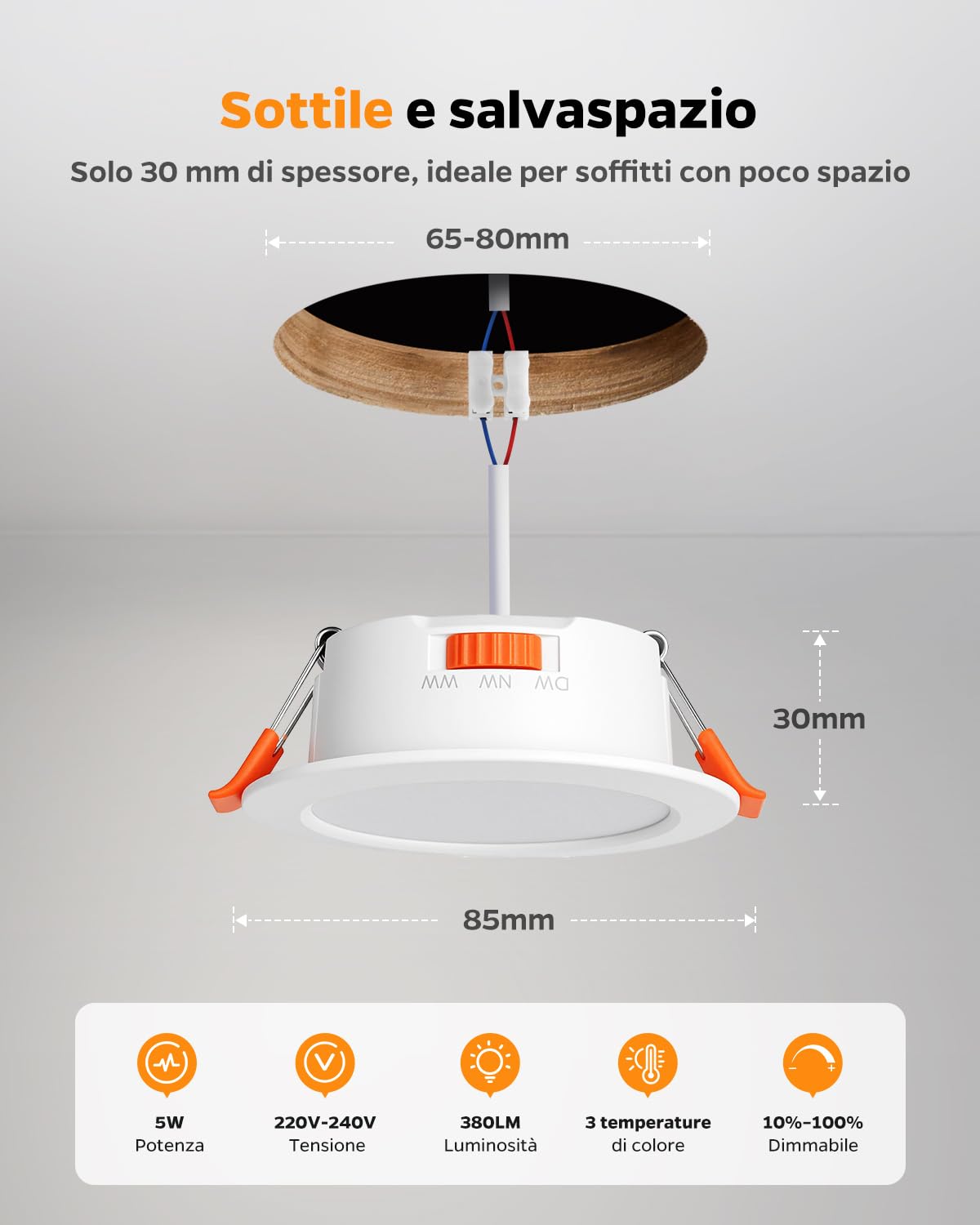 Sanyoung Faretti LED da Incasso per Cartongesso Dimmerabile 5W, Set di 20 | Foro 65-80mm, Luce Caldo Luce Naturale Luce Freddo, 380LM, Impermeabile IP44, Faretto LED 220V per Bagno