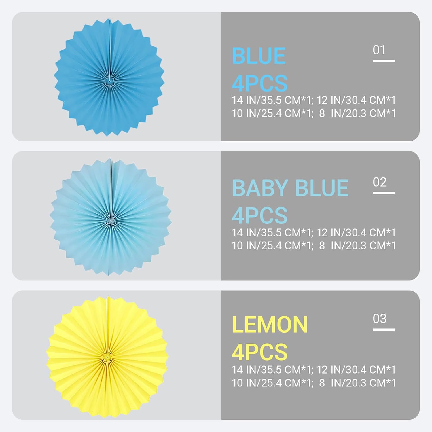 Paper Round Fan Party Decorations, Blue Yellow Hanging Fans for Carnival Circus,Cartoon,Sport, Birthday Party, Baby Shower, Graduation Events,Set of 12(8",10",12",14")
