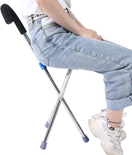 Miniatura 2 de Asiento plegable ajustable, bastón plegable para palanca de cambio, taburete de trípode de acero inoxidable con asiento engrosamiento para ancianos,