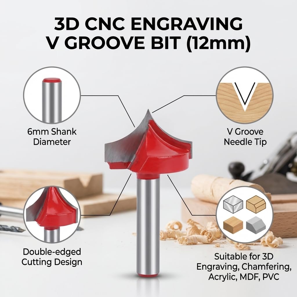 6mm codolo 3D CNC incisione fresa V scanalatura punta dell'ago router bit lavorazione del legno bit artigiano intaglio strumento di fresatura cnc strumento(12mm)