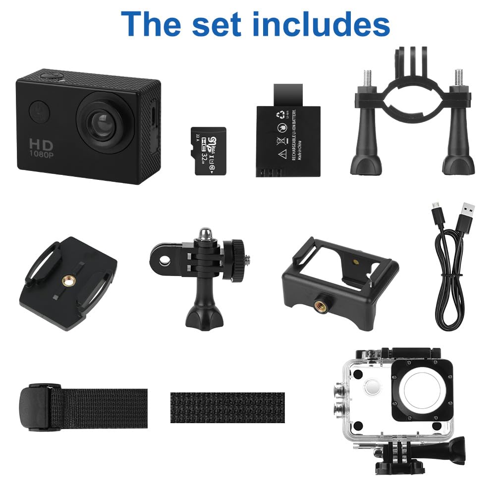 Aolso Caméra Sport 1080P FHD, Etanche 30M Caméra d'action Grand Angle, Action Cam 30FPS avec Écran LCD de 2 Pouces, 140° Camérasous, Incluse Carte SD 32GB et Rechargeables Batteries 900mAh