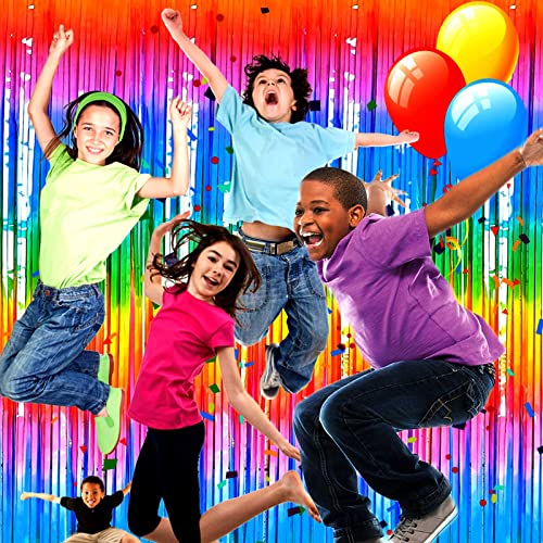 Image of 4 Pack Macaron Dark Rainbow Foil Fringe Curtain Backdrop, 3.28Ft x 8.2Ft Colorful Streamers Curtains for Party, Photo Booth Props, Birthday, 2022 Mother's Day Decoration Supplies