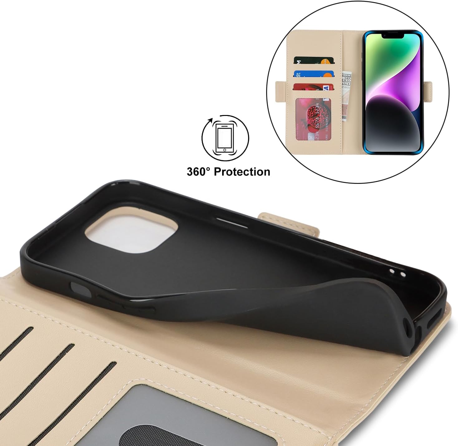 Ｈａｖａｙａ for iPhone 13 case with Card Holder Zipper for Women Men iPhone 14 case Wallet Flip Folio Credit Card Slots Stand Shockproof PU Leather Phone Cover(6.1")-Beige