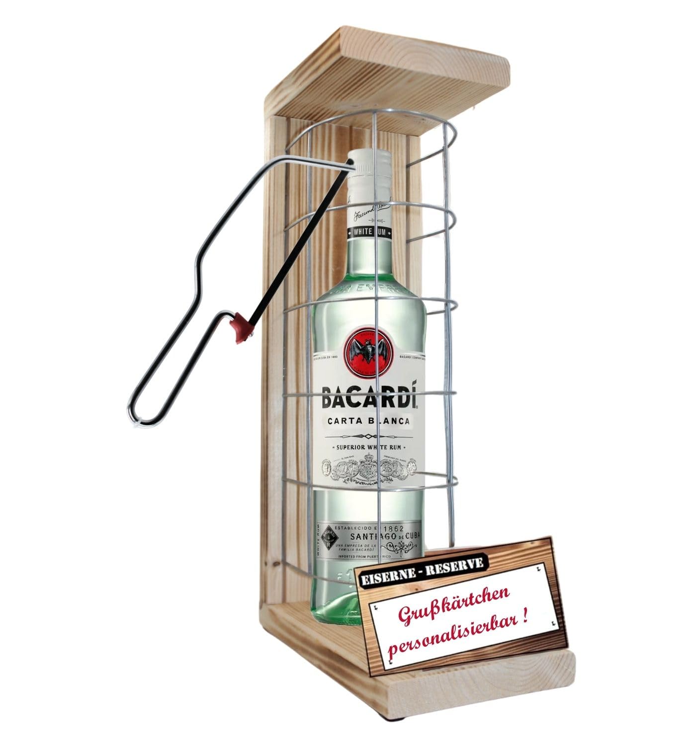 Personalisierte Geschenke 60. Geburtstag für Männer Frauen Frauen Geschenkidee mit Namen - Eiserne Reserve Gitter Text rot Bacardi Rum (1 x 0.7 l) incl. Notsäge - 60 Geburtstag