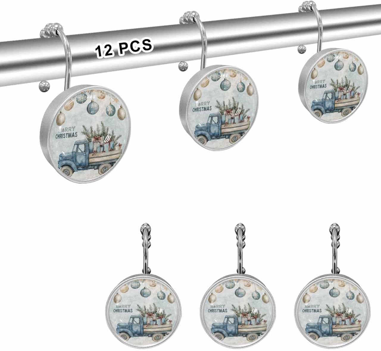 Shower Curtain Hooks 12 Pcs Christmas Christmas Balls Blue Truck Snowflake Pattern Stainless Steel Rust Proof Rolling Shower Curtain Rings, Decorative Shower Curtain Hooks Hangers for Bathroom